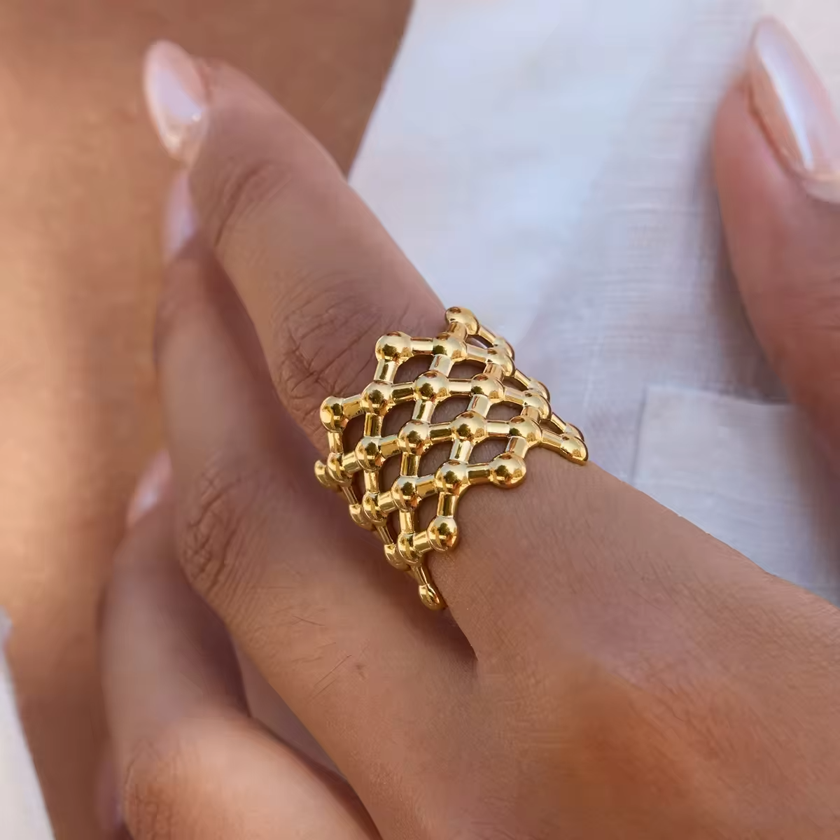 18K Gold Plated Stainless Steel Mesh Ring – Adjustable Non-Tarnish Modern Statement Jewelry