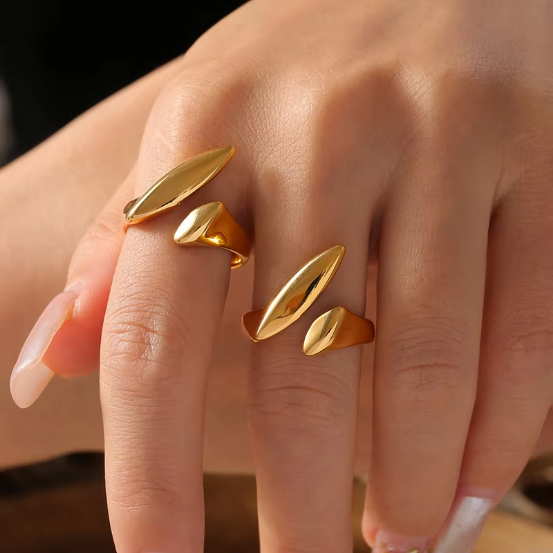 Unique Geometric Open Rings in Waterproof Stainless Steel with 18K Gold and Silver Plating
