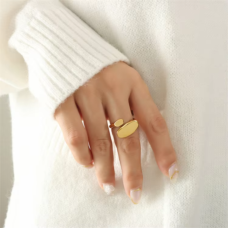 Adjustable Irregular 18k Gold Plated Stainless Steel Casting Ring for Women