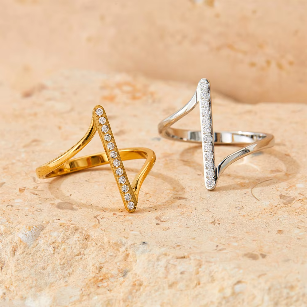 Gold Plated Geometric Finger Ring – Stainless Steel Ring with Cubic Zirconia for Women