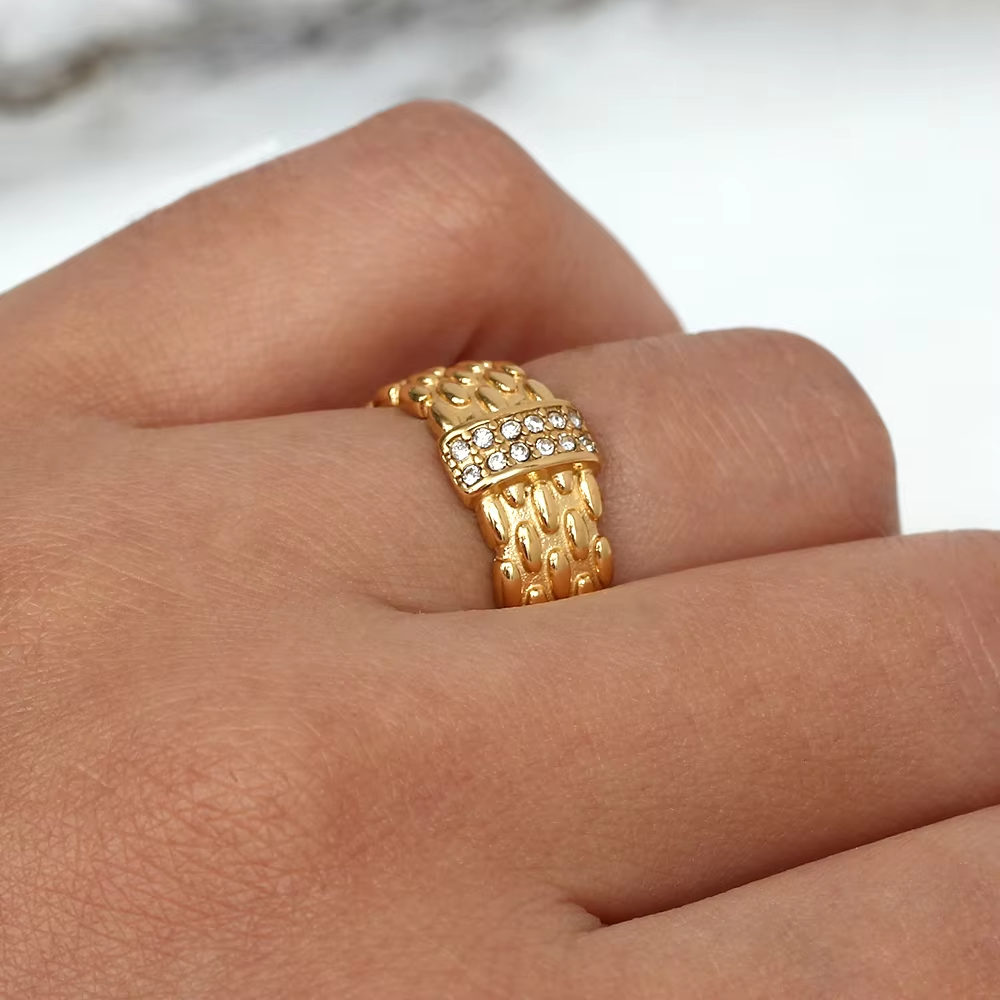 INS Popular 18K Gold Plated Woven Stainless Steel Zircon Ring for Women and Men
