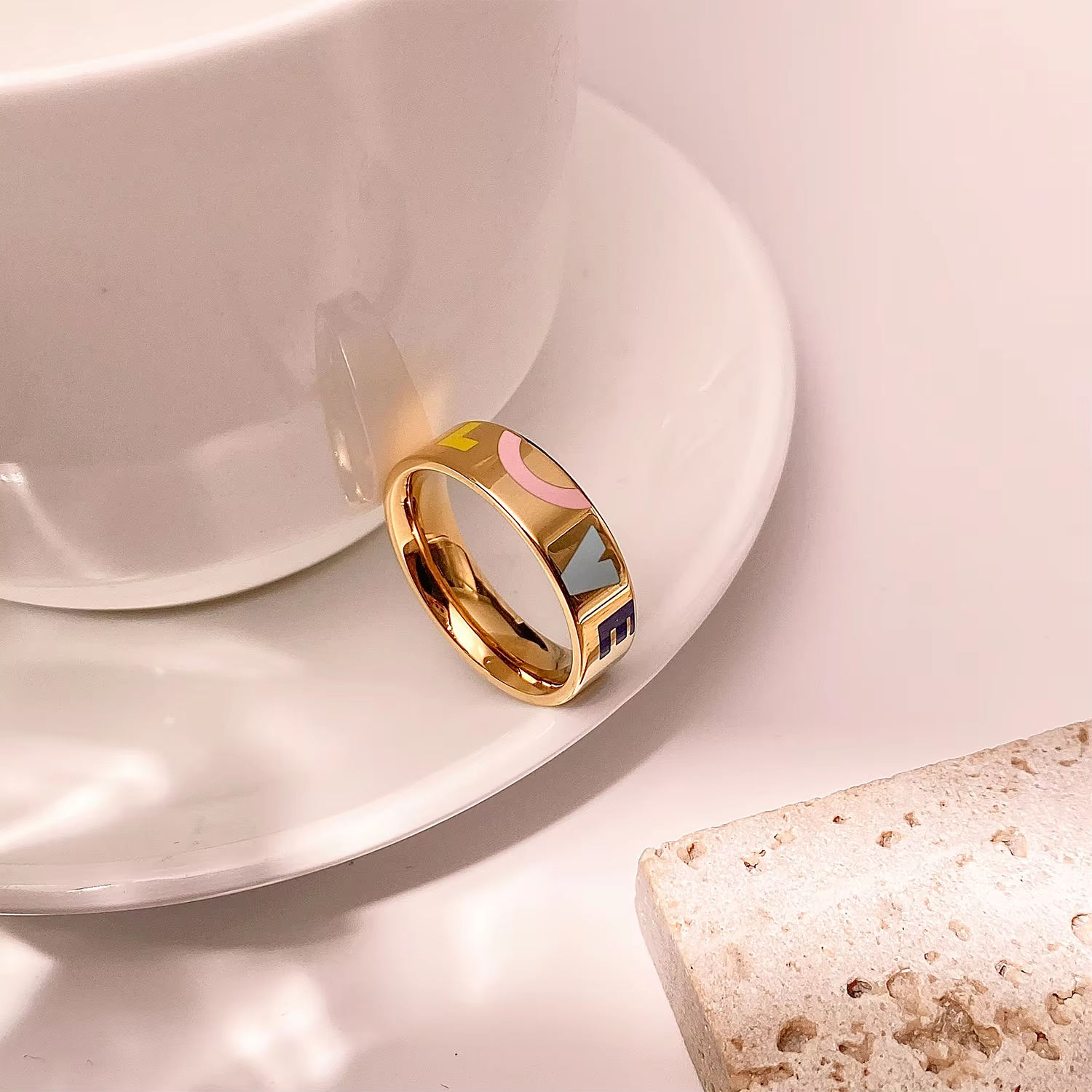 LOVE Enamel Letter Ring – Colorful 18K Gold Plated 316L Stainless Steel Band for Women and Girls