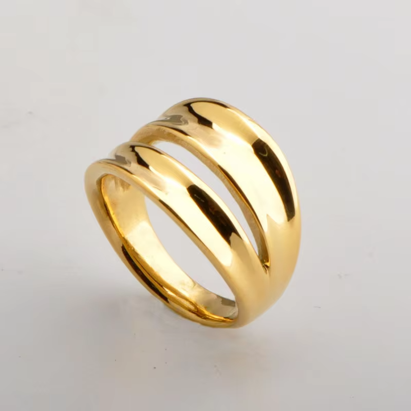 18K Gold Plated Double Arc Finger Ring – High Polish Stainless Steel Jewelry for Party & Daily Wear