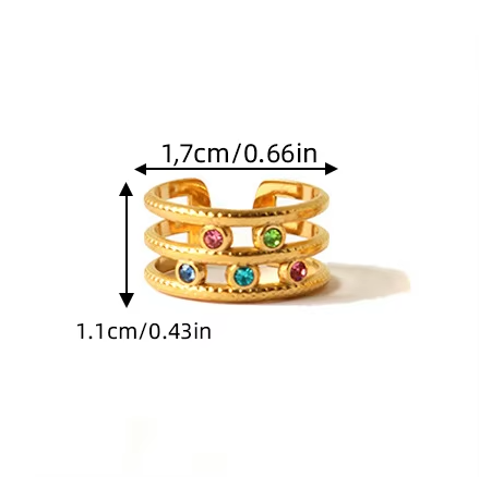 Open Hollow Gold-Plated Stainless Steel Rhinestone Ring – Adjustable Triple Row Design for Women