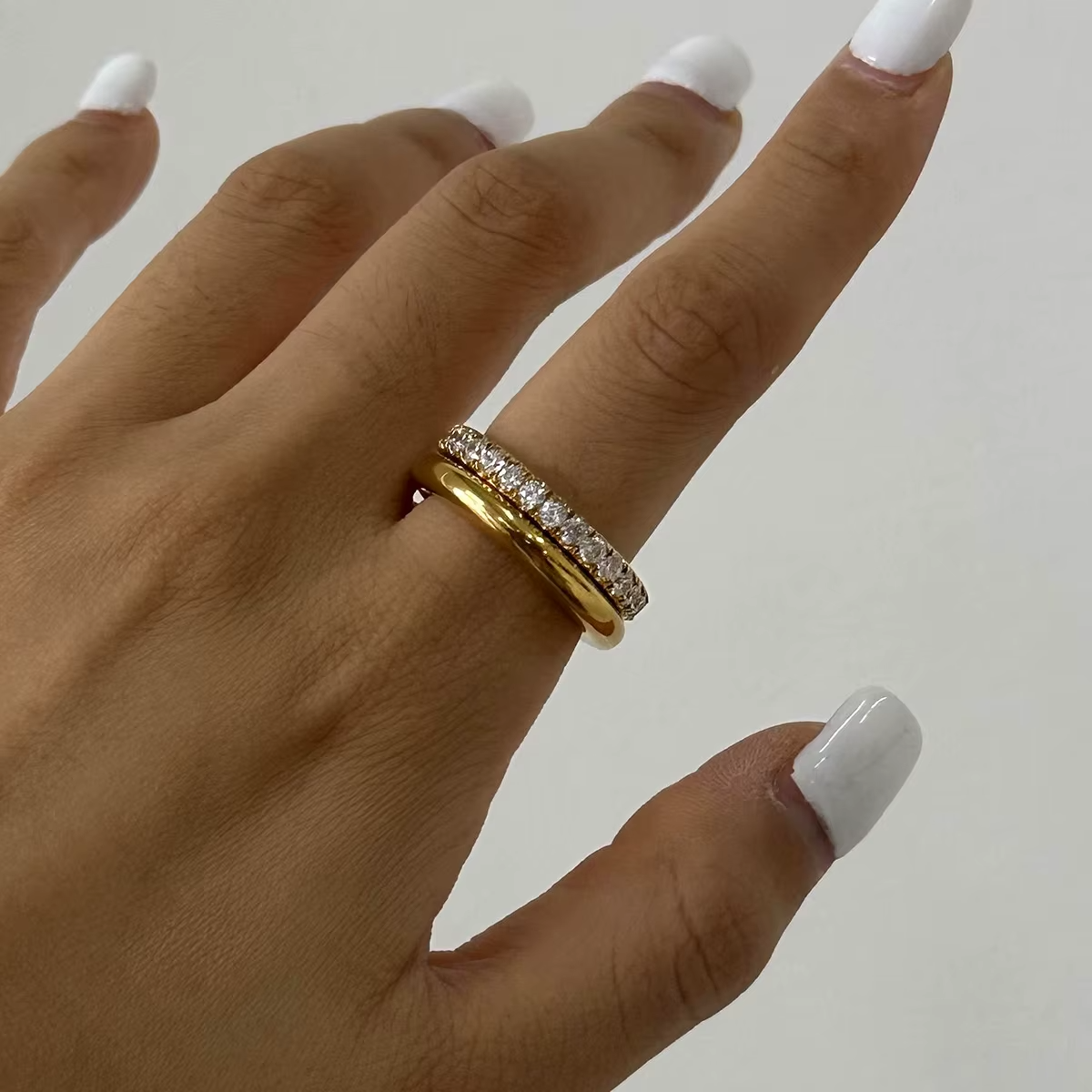 Trending 18K Gold Plated Stainless Steel Double Layer Ring – White Zircon Stackable Eternity Band for Women