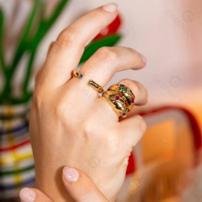 Modern Open Stacker Ring in 925 Sterling Silver with 18K Gold and Dual Cubic Zirconia Gems