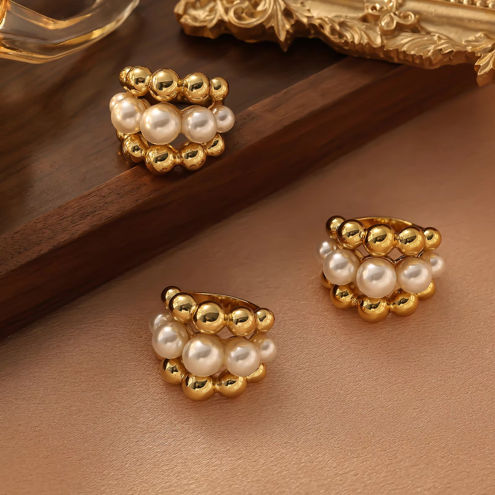 Luxury 18K Gold Plated Pearl Ball Layered Ring – Elegant Stainless Steel Fashion Jewelry for Women