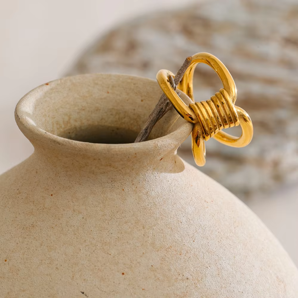 Unique 18K Gold Plated Stainless Steel Finger Ring – Twined Design with Hollow Double Layered Style