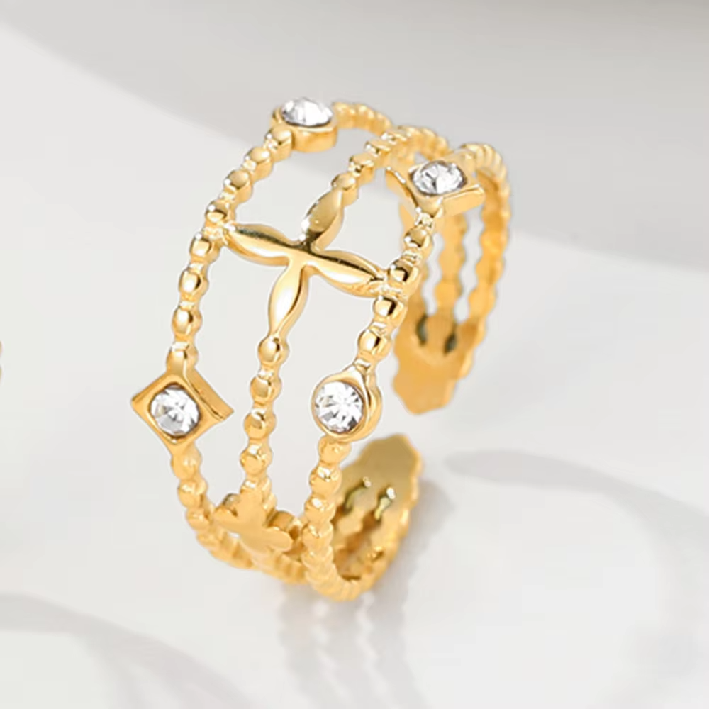 Vintage French 18K Gold Plated Cross Geometric Ring – Adjustable Titanium Steel Zircon Jewelry for Women