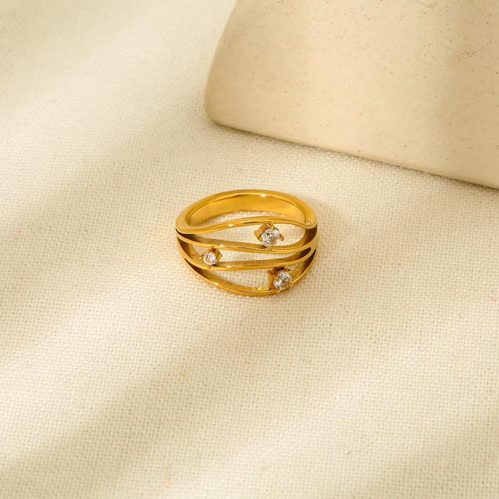 18K Gold Plated Geometric Layered Band Ring – Stainless Steel Waterproof Cubic Zirconia Fashion Jewelry for Women