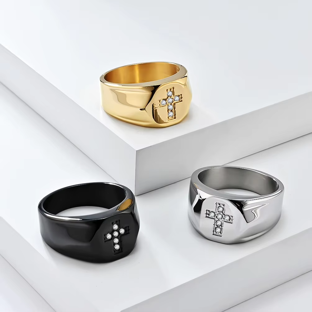 Retro Cross Stainless Steel Ring – Gold, Silver & Black with Zircon Inlay