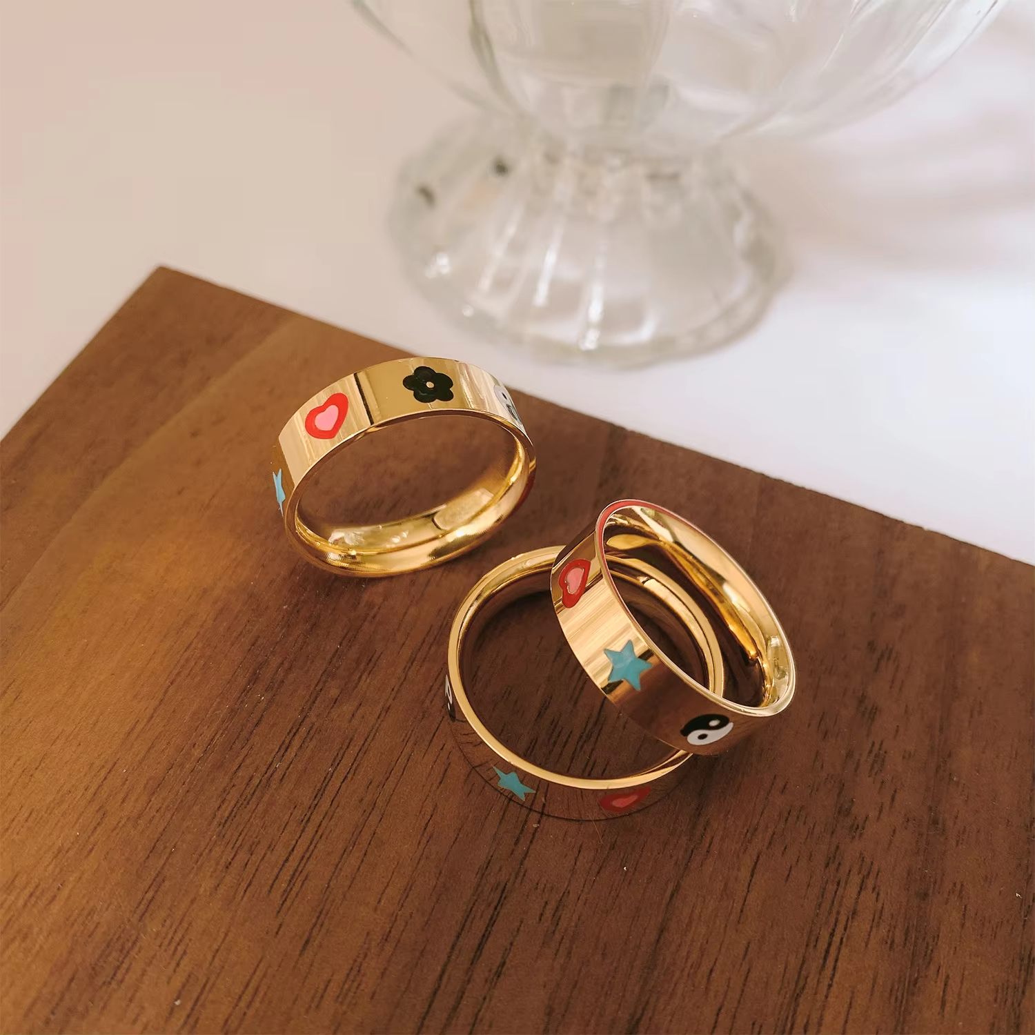 Cute 18K Gold Plated Stainless Steel Enamel Ring – Heart Star Flower Fashion Jewelry