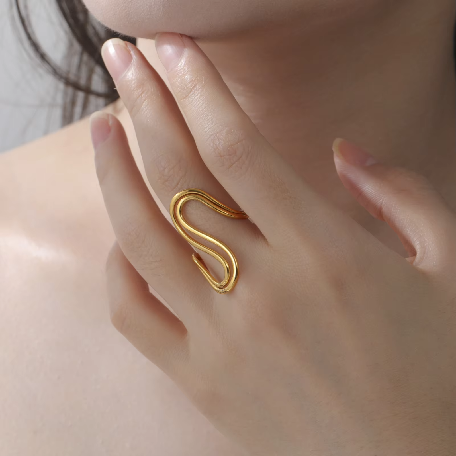 Minimalist S-Shape Open Ring – Hollow Out Stainless Steel Gold Color Party Jewelry for Women and Girls
