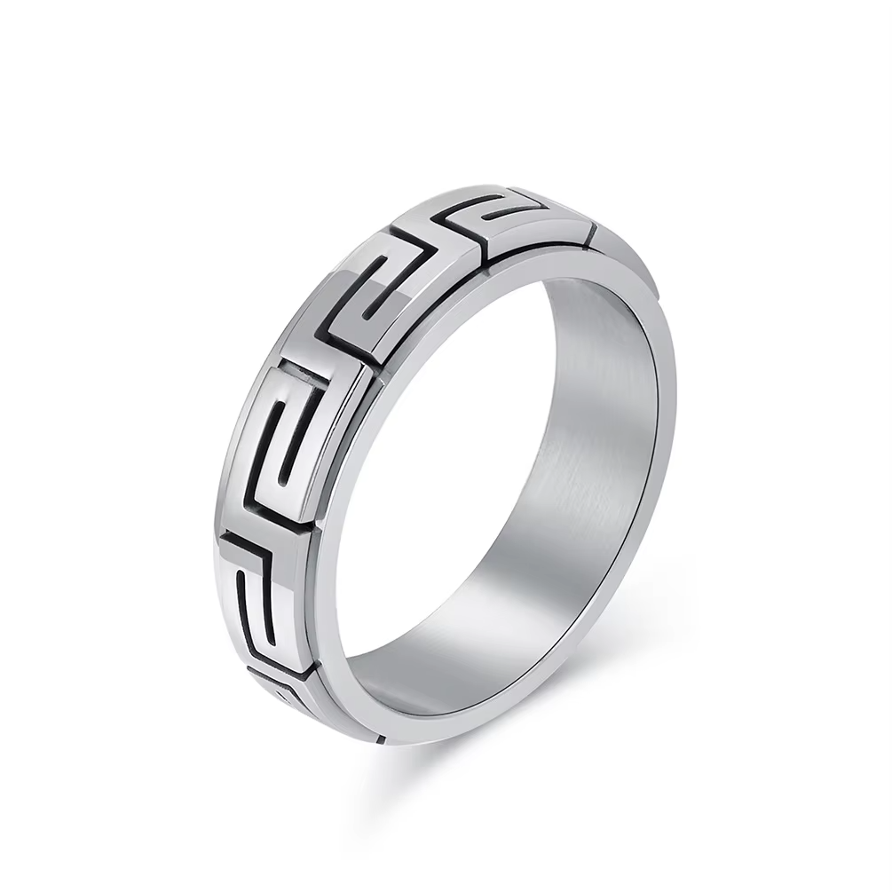 Bold Greek Key Pattern Adjustable Ring – Gold and Silver Stainless Steel Open Band Fashion Jewelry for Men and Women