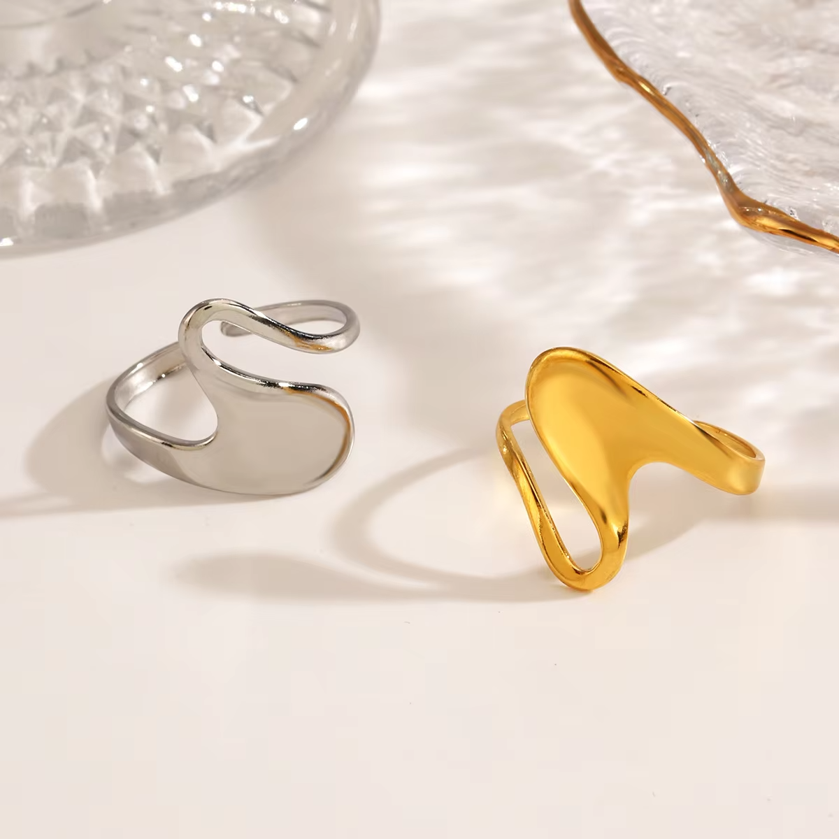 Ins Popular Irregular Open Ring – 18K PVD Gold Plated Stainless Steel Adjustable Statement Ring for Women