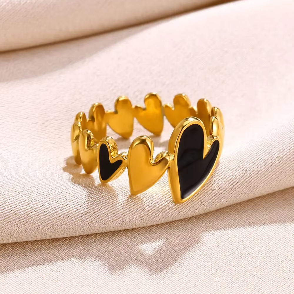 Vintage Heart Gold Plated Stainless Steel Rings – Romantic Adjustable Fashion Jewelry for Women