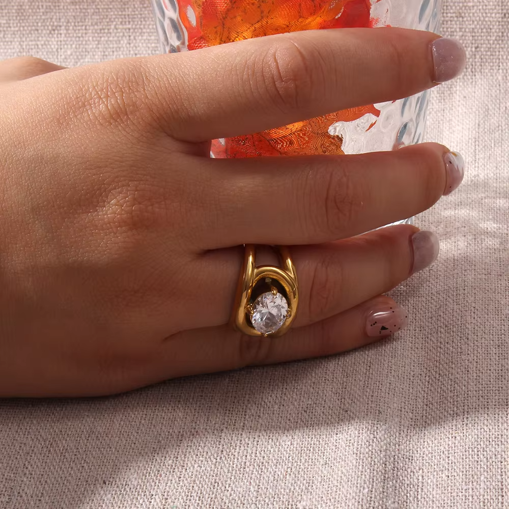 Temperament Double Layer Cubic Zirconia Stainless Steel Ring – PVD Gold Plated Geometric Finger Jewelry