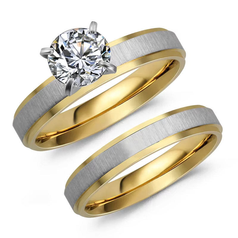 Custom 18K Gold Plated Cubic Zirconia Engagement & Wedding Ring Set for Women – Stainless Steel Dual Tone