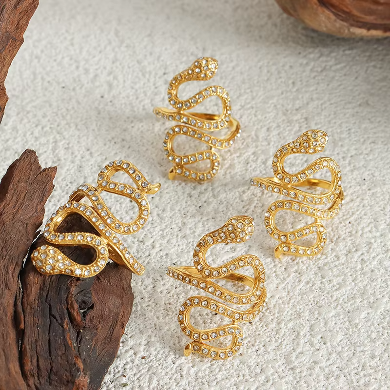18K Gold Plated Snake Stacking Ring – Cubic Zirconia Hip-Hop Waterproof Adjustable Stainless Steel Unisex Jewelry