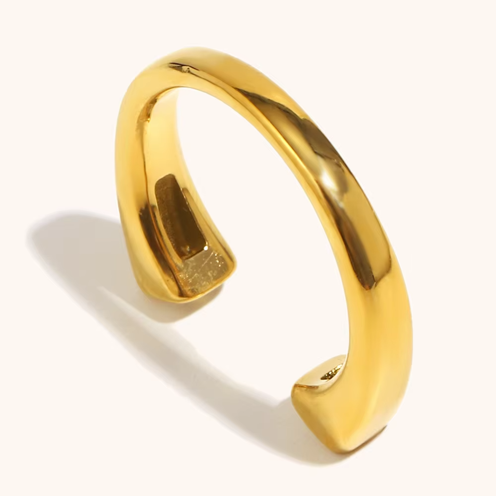 18K Gold Plated Stainless Steel Open Ring with Double Square Zircon – Minimalist Chic Adjustable Ring for Women