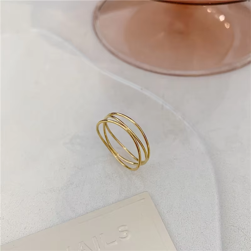 French Minimalist 18K Gold Plated Triple Wire Ring – Stainless Steel Three Layers Geometric Non-Fade Band for Women