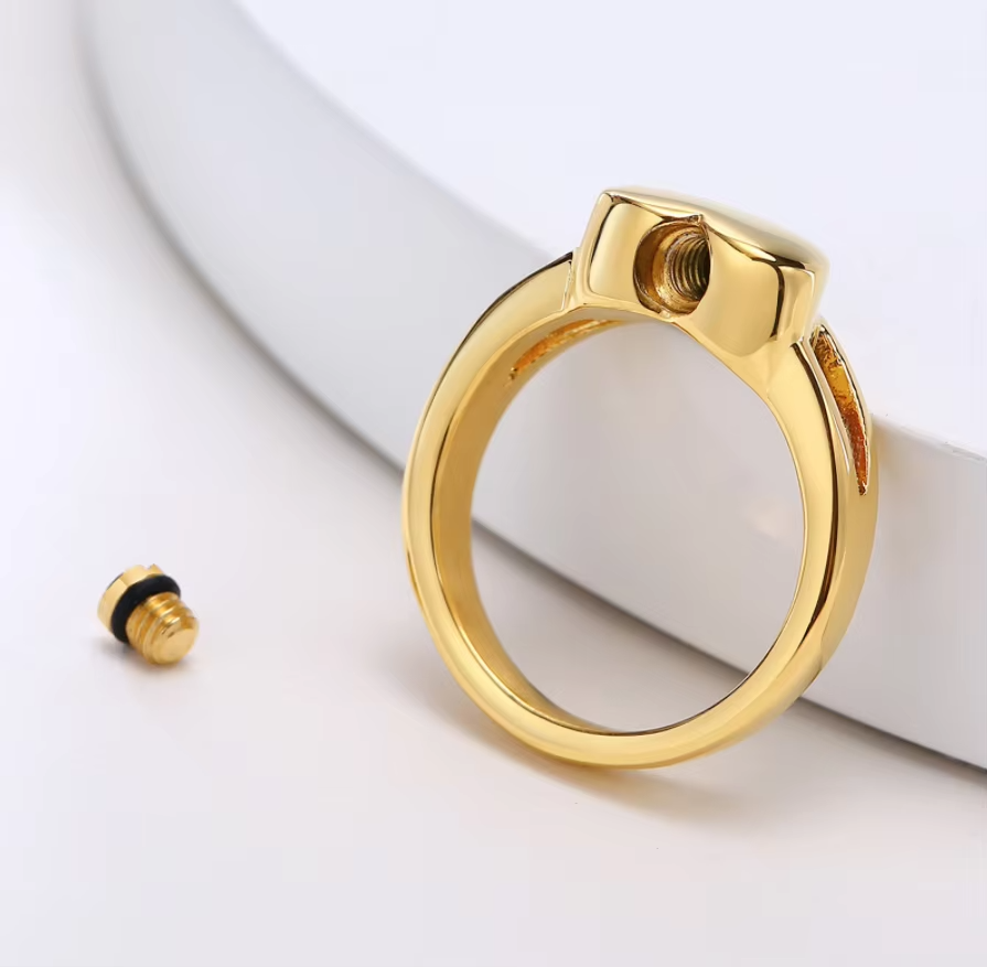 Stainless Steel Custom Engravable 18K Gold Plated Cremation Ashes Heart Urn Ring for Women – Memorial Jewelry for Human or Pet