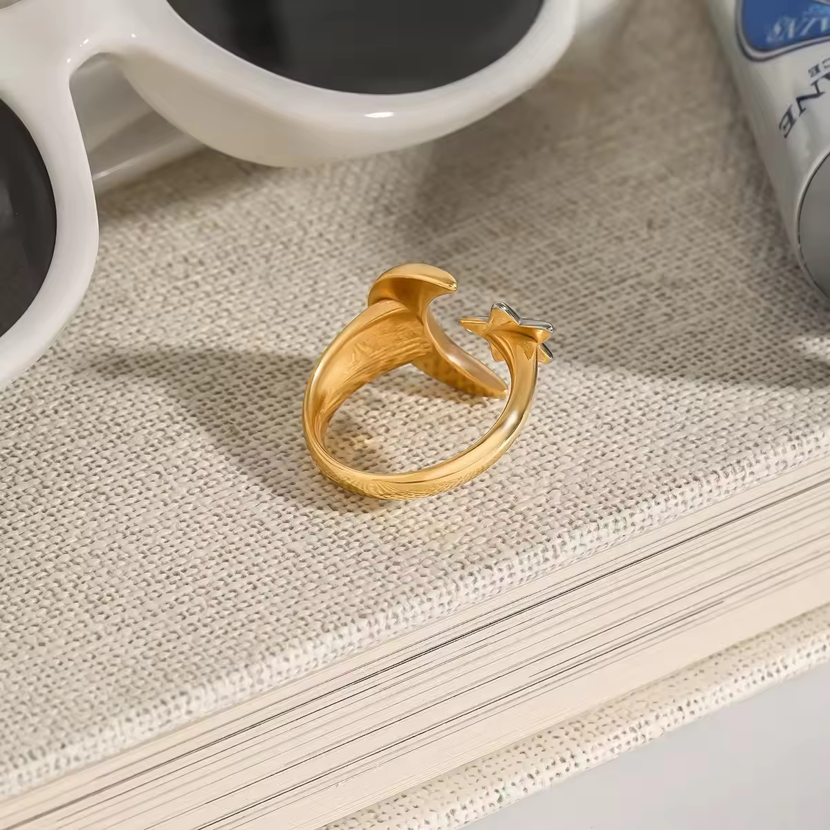 Two Tone Star and Moon Open Ring – 18K Gold Plated Adjustable Stainless Steel Jewelry