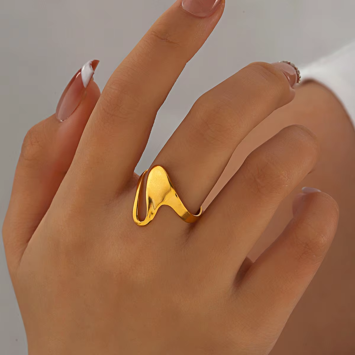 Ins Popular Irregular Open Ring – 18K PVD Gold Plated Stainless Steel Adjustable Statement Ring for Women