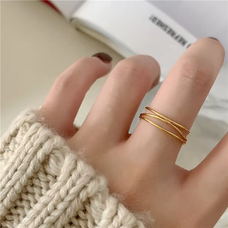 French Minimalist 18K Gold Plated Triple Wire Ring – Stainless Steel Three Layers Geometric Non-Fade Band for Women
