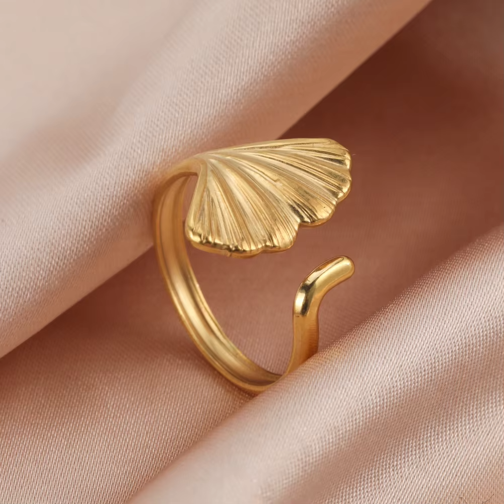 Adjustable Ginkgo Leaf Open Stainless Steel Ring – Gold & Silver | Nature-Inspired Statement Jewelry
