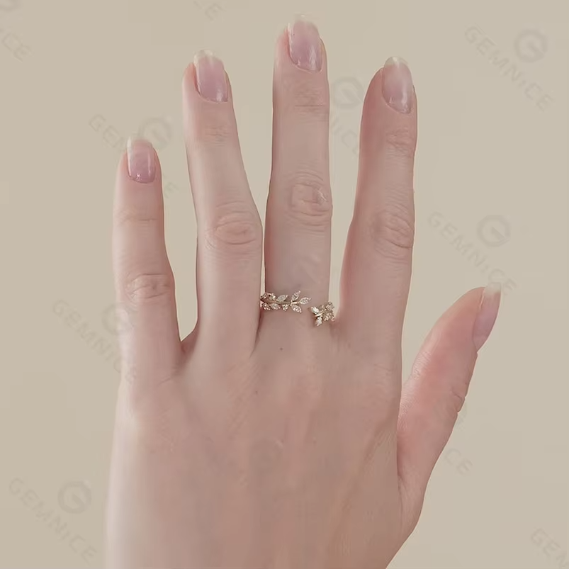 Elegant Olive Leaf Open Ring in 925 Sterling Silver with 18K Gold Plating and Zircon Stones