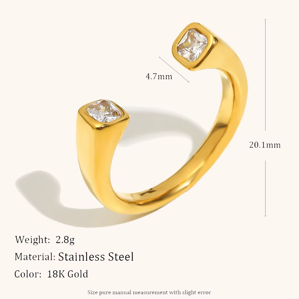 18K Gold Plated Stainless Steel Open Ring with Double Square Zircon – Minimalist Chic Adjustable Ring for Women