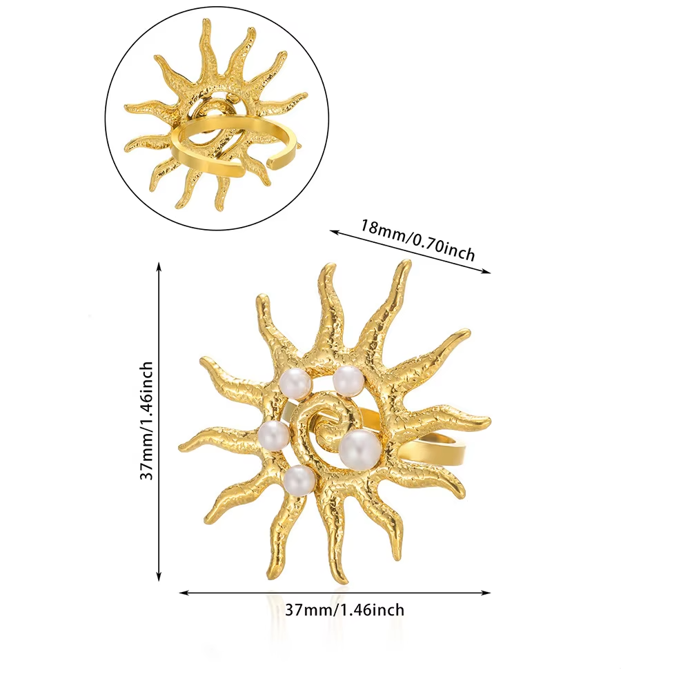 Luxury Sunburst Adjustable Ring with Pearls – High-End 18K Gold Plated Stainless Steel Statement Jewelry