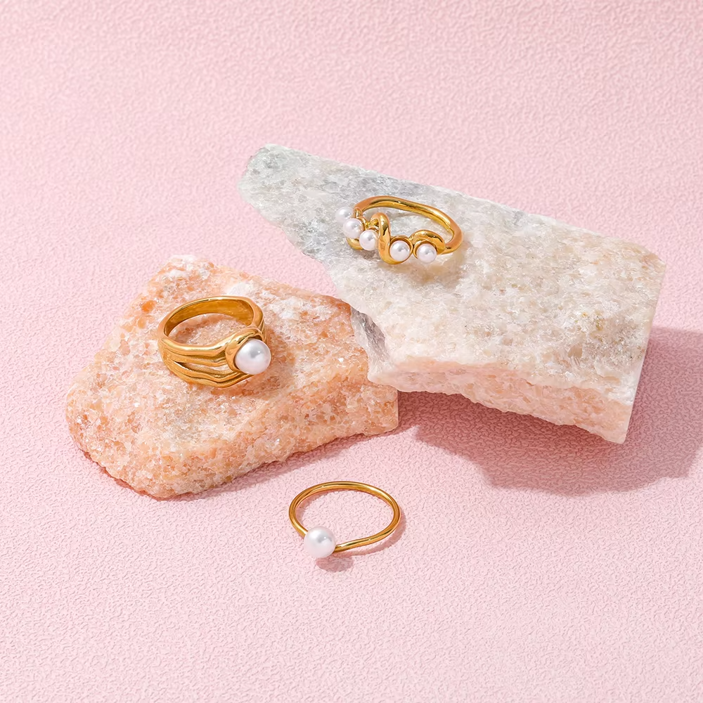 Waterproof 18k PVD Gold Plated Dainty Pearl Stainless Steel Ring for Women