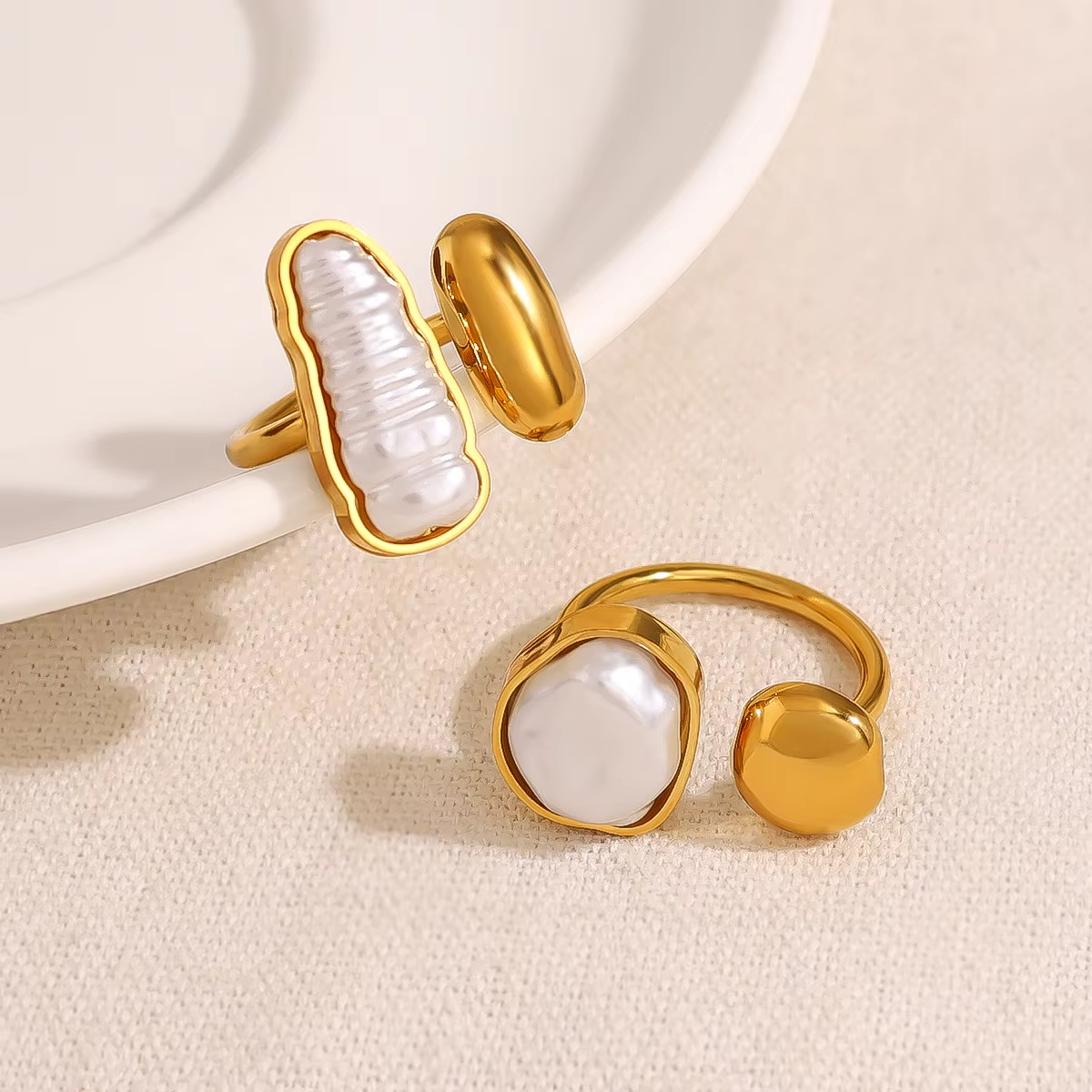 Geometric Pearl Open Ring Set – 18K Gold Plated Stainless Steel Personality Jewelry for Women