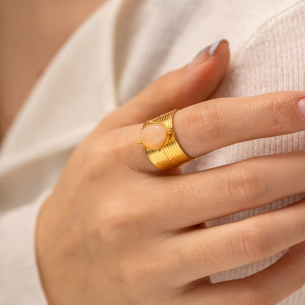 18K Gold Plated Rose Quartz Wide Adjustable Stainless Steel Ring – Vintage Gemstone Statement Jewelry
