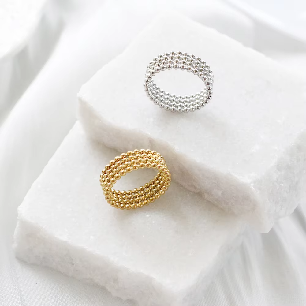 Fashion Mesh Interlocking Men Gold Plated Stainless Steel Irregular Twist Multi Layer Full Pave Ball Bead Ring