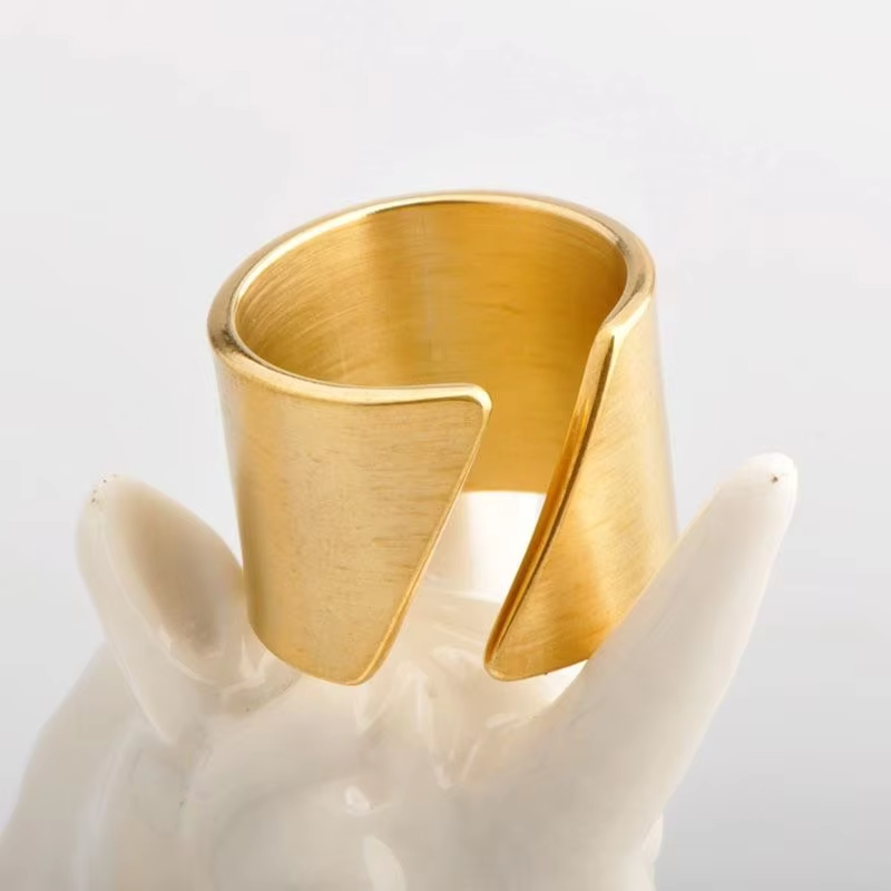 Handmade Beveled Open Adjustable Gold Stainless Steel Ring – Hip Hop Urban Style for Women