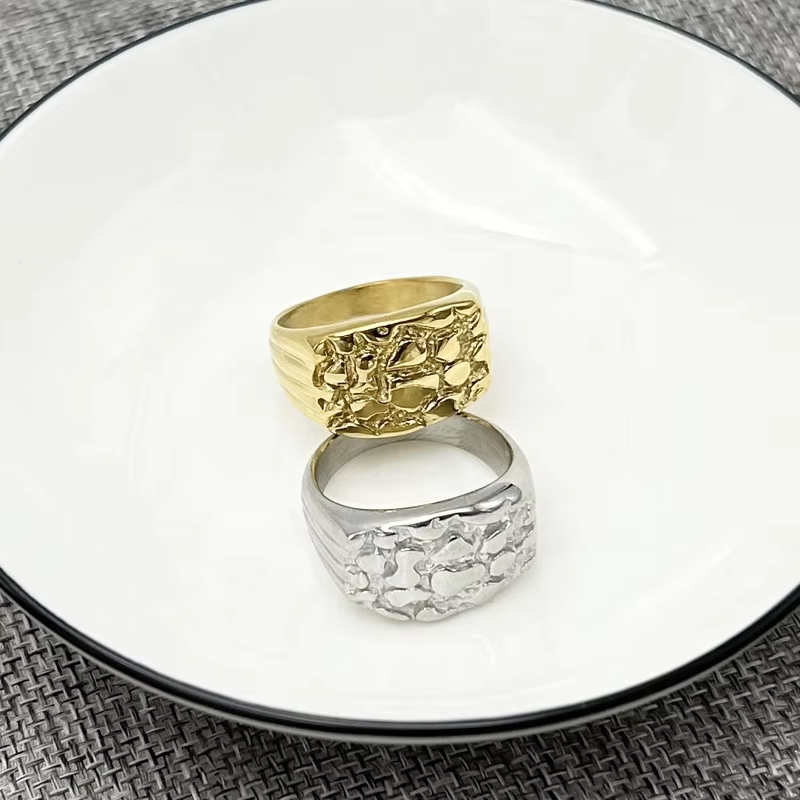 Men’s Nugget Ring – Polished Yellow Gold Plated Stainless Steel Band, Customizable 10k/14k/18k Fine Jewelry