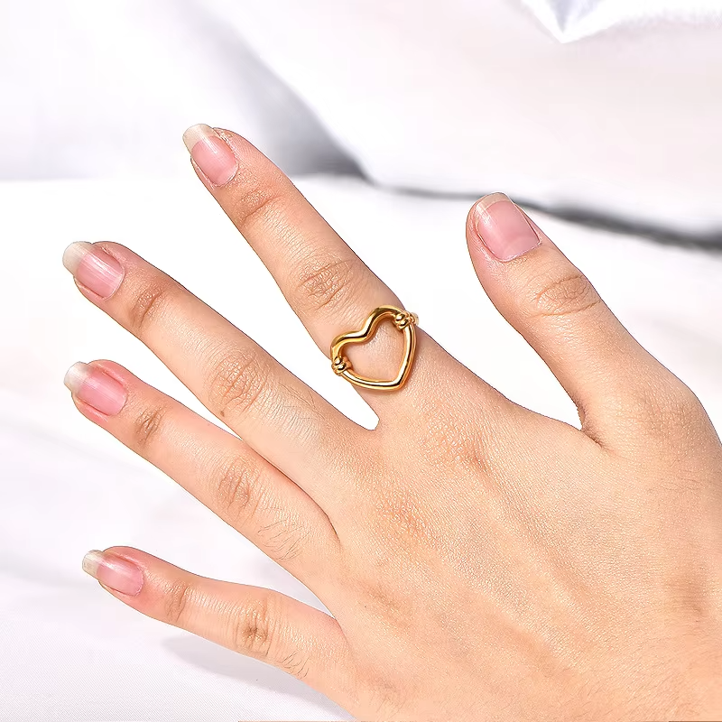 18K Gold Plated Hollow Out Heart Finger Ring – Stainless Steel Dainty Jewelry for Women