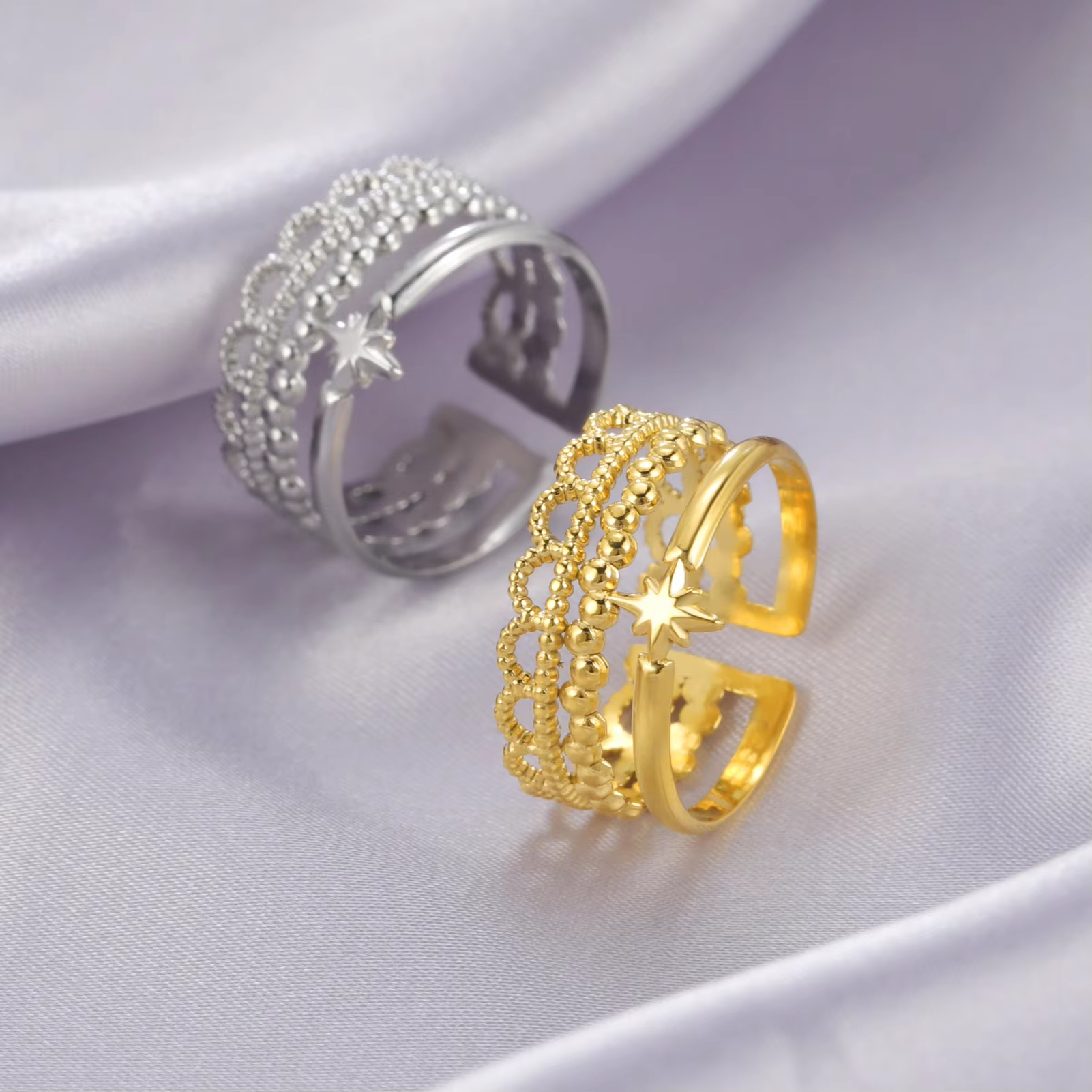 Adjustable Stainless Steel Triple Row Ring – Star Lace Beaded Design in Silver & Gold