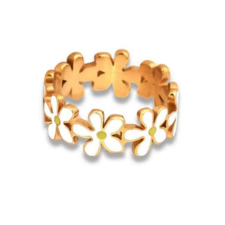 High-End 18K Gold Plated Stainless Steel Daisy Ring with White Enamel – Trendy Unisex Jewelry for Gifts & Parties