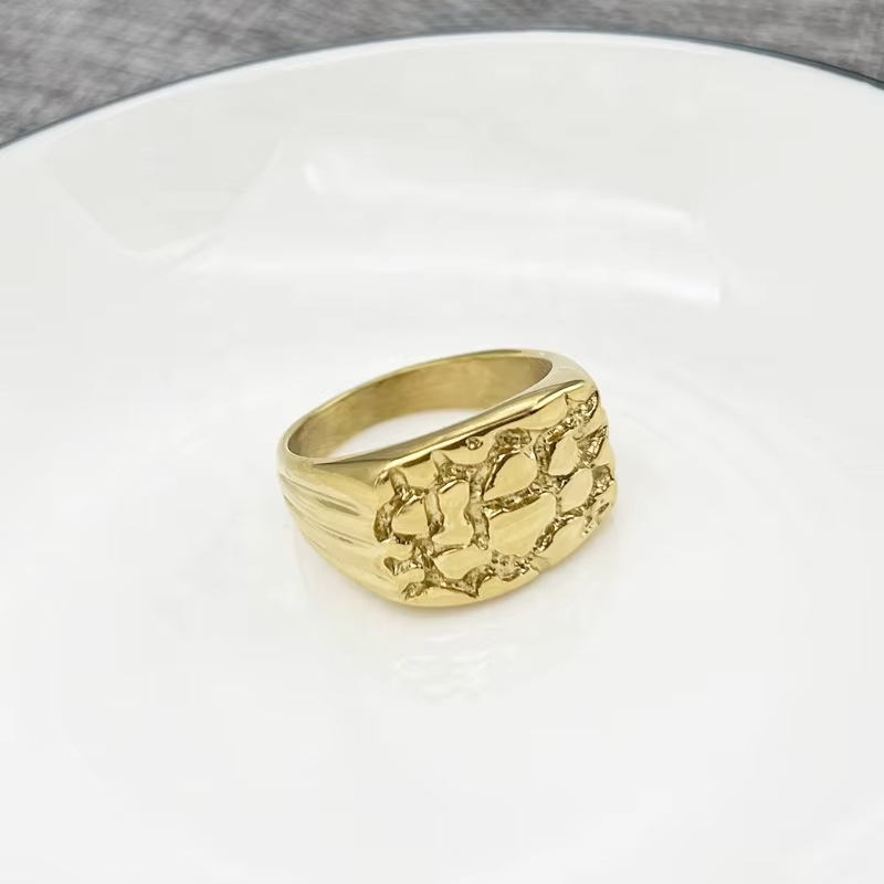 Men’s Nugget Ring – Polished Yellow Gold Plated Stainless Steel Band, Customizable 10k/14k/18k Fine Jewelry