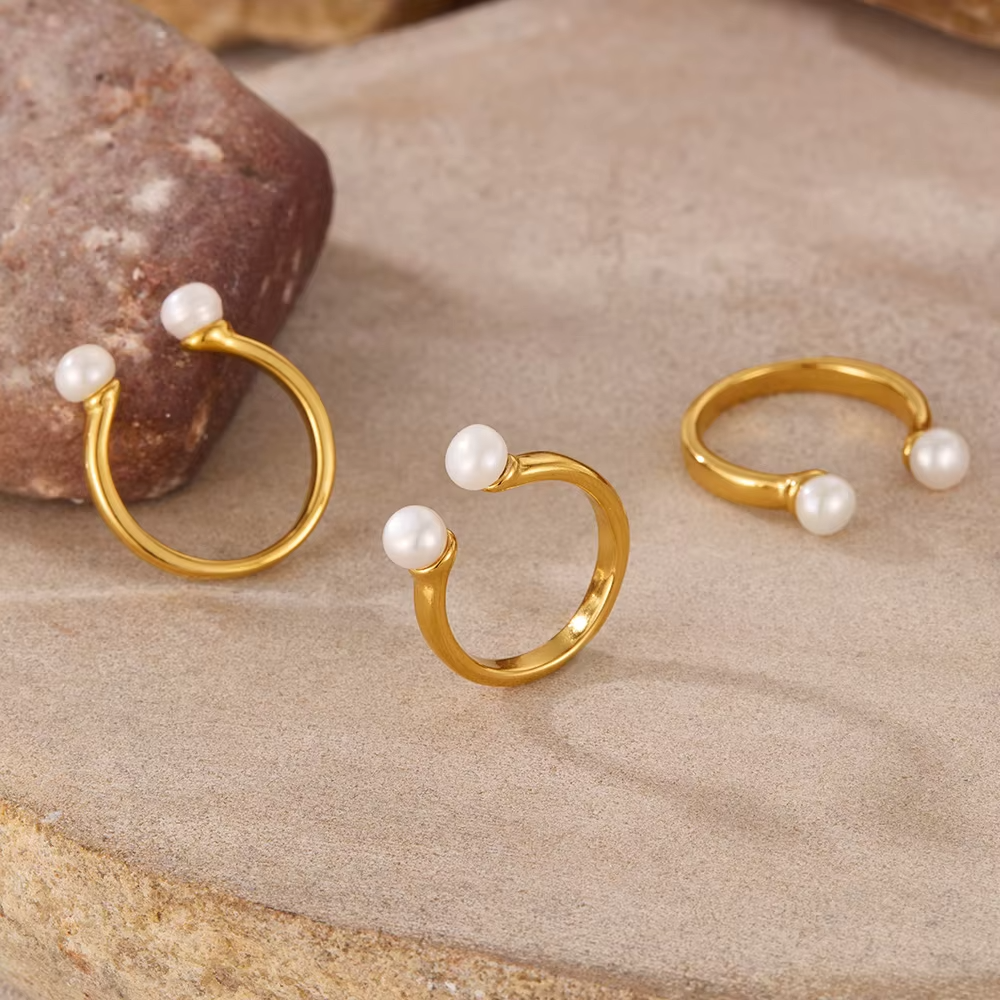 French Luxury 18K Gold Plated Stainless Steel Pearl Open Ring – Natural Stone Trendy Design