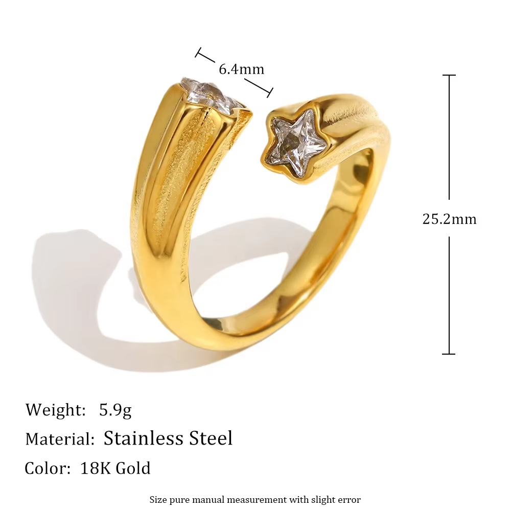 18K Gold & Silver Stainless Steel Twisted Shooting Star Rings – Zircon Open Design for Women