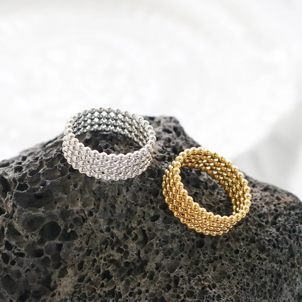 Fashion Mesh Interlocking Men Gold Plated Stainless Steel Irregular Twist Multi Layer Full Pave Ball Bead Ring