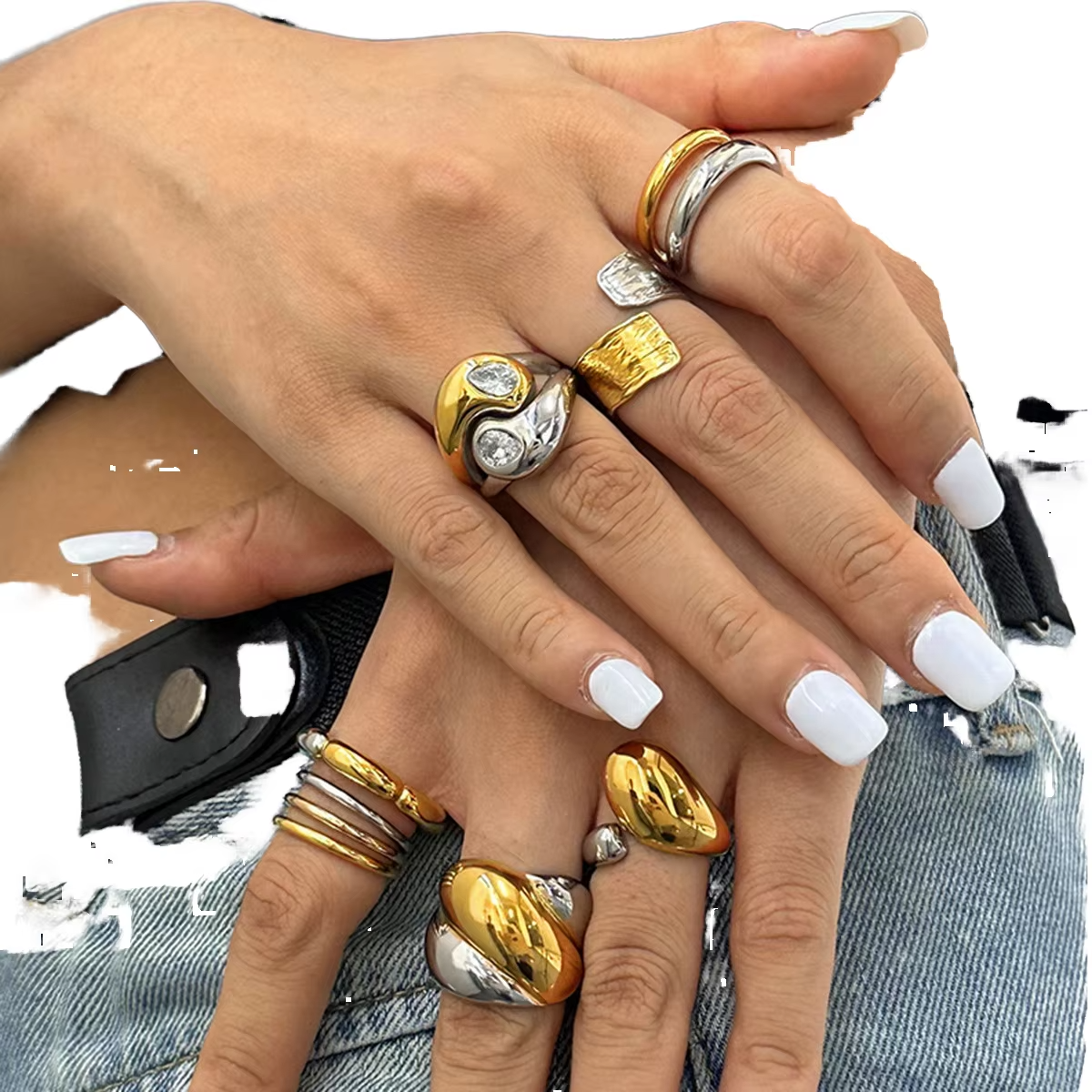 Geometric Connected Zircon Ring – 18K Gold Plated Stainless Steel Fashion Jewelry for Women