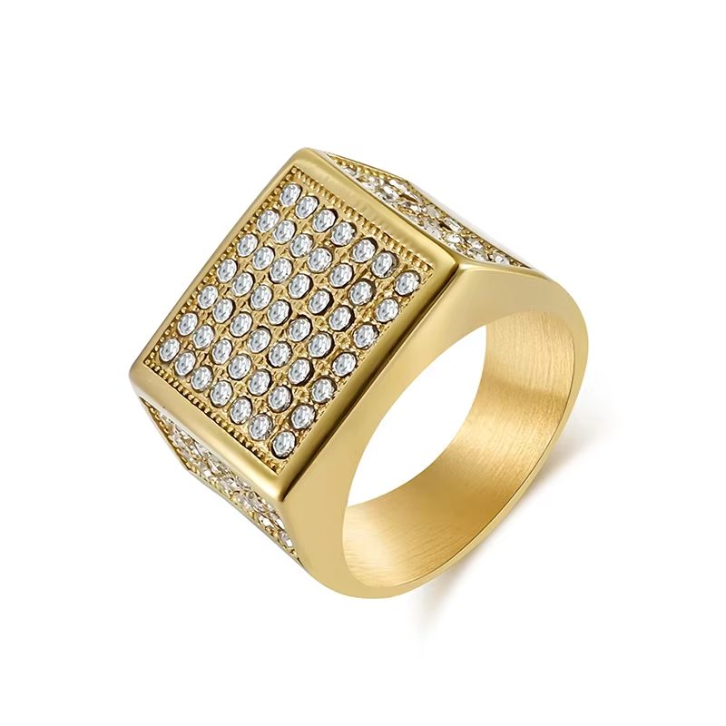 Hip Hop Bling Square Ring – 18K Gold & Silver Plated Stainless Steel Iced Out Diamond Style Ring