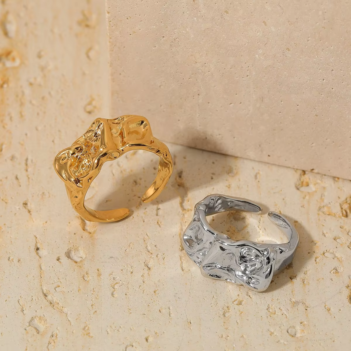 Irregular Lava Texture Adjustable Rings – Gold & Silver Plated Stainless Steel Open Band Statement Jewelry