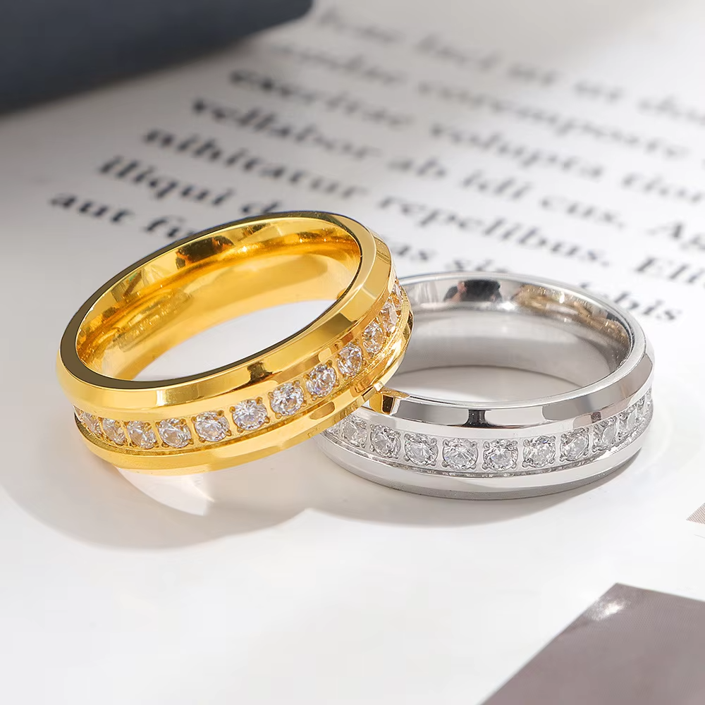 Classic Gold & Silver Titanium Steel Eternity Band with Cubic Zirconia – Wedding or Anniversary Fashion Ring